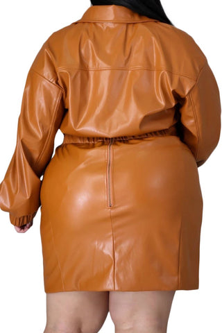 Final Sale Plus Size 2-Piece Vegan Leather Skirt Set in Camel