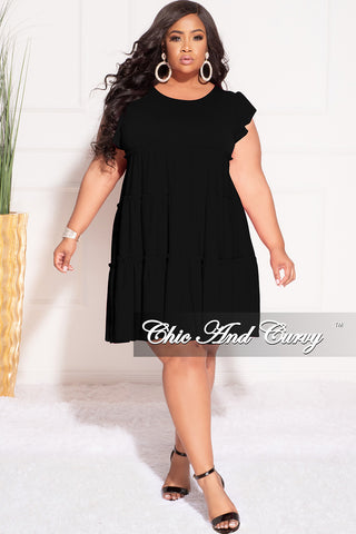 Final Sale Plus Flutter Sleeve 3-Tiered Baby Doll Dress in Black (Stretchy)