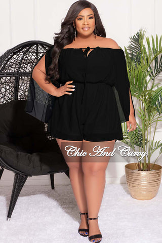 Final Sale Plus Size Off the Shoulder Chiffon Romper with Slit Sleeves in Black