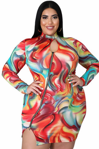 Final Sale Plus Size Mini Dress with Zipper in Multi-Color Print