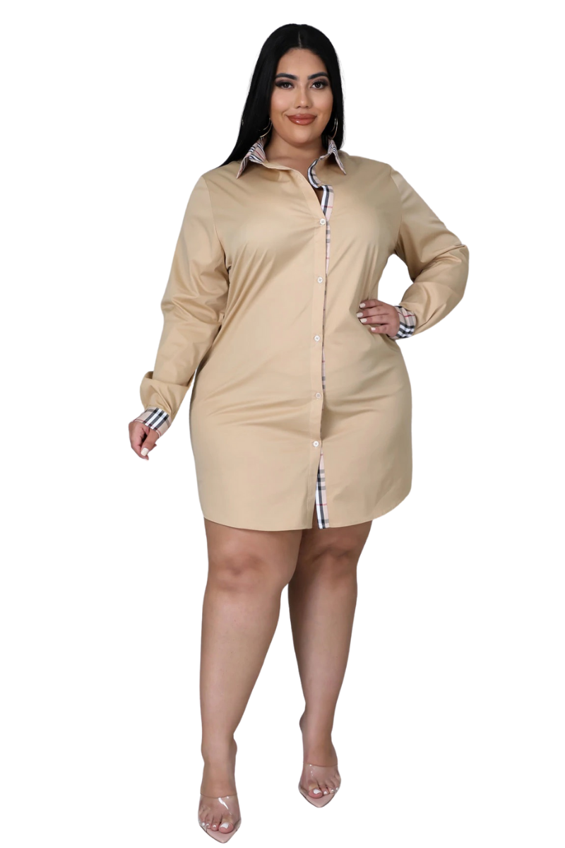 Final Sale Plus Size Collar Button Up Shirt Dress in Tan Plaid Print - 1x 10/12 Final Sale Plus Size Collar Button Up Shirt Dress in Tan Plaid Print - 1x 10/12