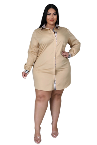 Final Sale Plus Size Collar Button Up Shirt Dress in Tan Plaid Print
