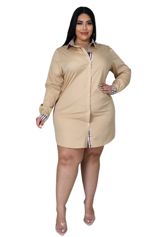 Final Sale Plus Size Collar Button Up Shirt Dress in Tan Plaid Print - 1x 10/12 Final Sale Plus Size Collar Button Up Shirt Dress in Tan Plaid Print - 1x 10/12