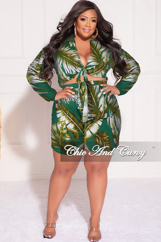 Final Sale Plus Size 2pc Crop Top & Bermuda Short Set in Green & Olive Palm Print