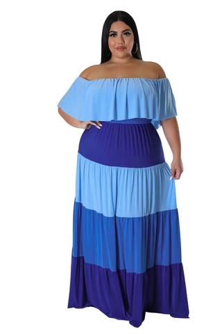 Final Sale Plus Size Off The Shoulder Tiered Maxi Dress in in Baby Blue and Royal Blue