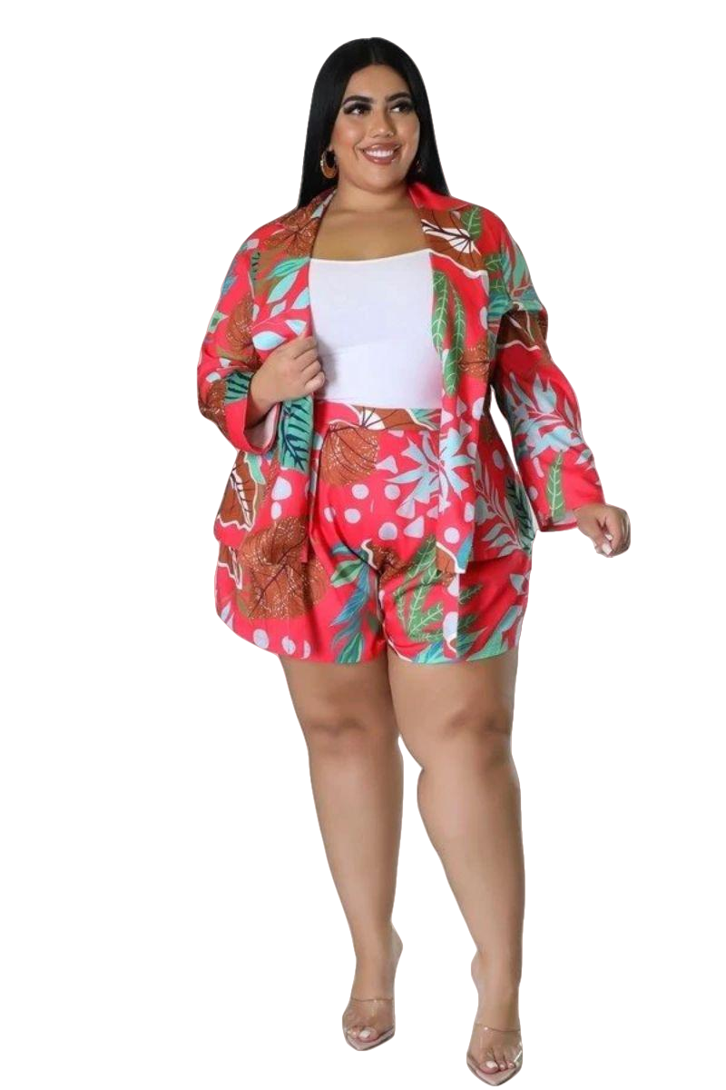 Final Sale Plus Size 2pc Drawstring Blazer and High Waist Shorts in Pink Multi Color Tropical Print