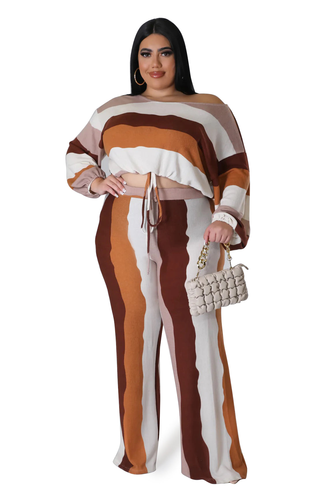Final Sale Plus Size 2pc Off The Shoulder Top and Pants Set in Cream, Brown and Rust Stripes