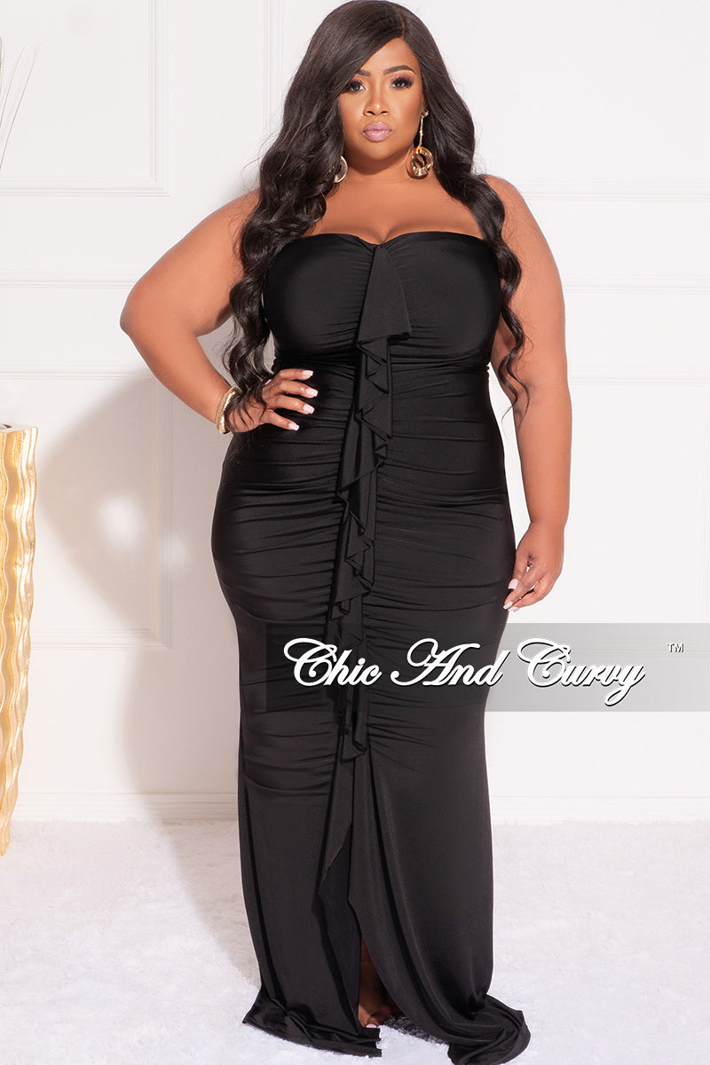 Final Sale Plus Size Sleeveless Maxi Gown With Center Ruching With Ruffle in Black* - 1x 14/16 Final Sale Plus Size Sleeveless Maxi Gown With Center Ruching With Ruffle in Black* - 1x 14/16