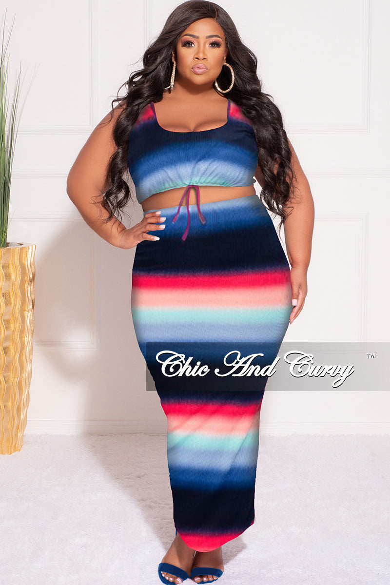 Final Sale Plus Size Ribbed 2pc Crop Drawstring Top and Pencil Skirt in Navy, Fuchsia , & Blue
