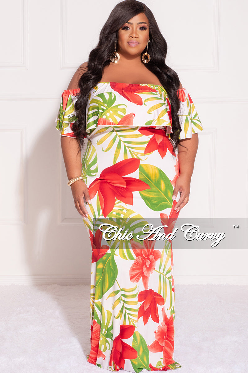 Final Sale Plus Size Off the Shoulder Ruffle Overlay Maxi Gown in White, Red, and Green Floral Print