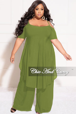 Final Sale Plus Size 2pc Cold Shoulder High low Top and Wide Leg Pants in Olive