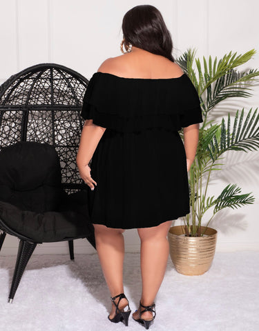 Final Sale Plus Size Off the Shoulder Dress with Waist Tie in Black