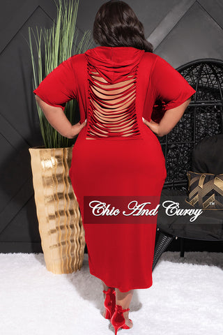 Final Sale Plus Size Hooded Midi Dress with Distress Back in Red