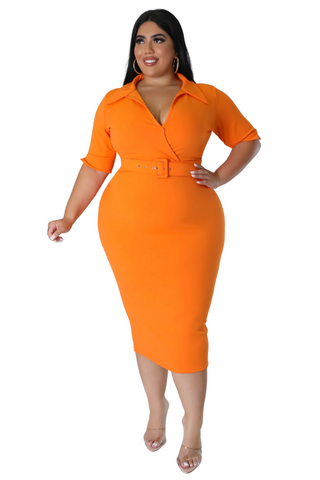 Final Sale Plus Size Collar Faux Wrap Belted BodyCon Dress in Orange