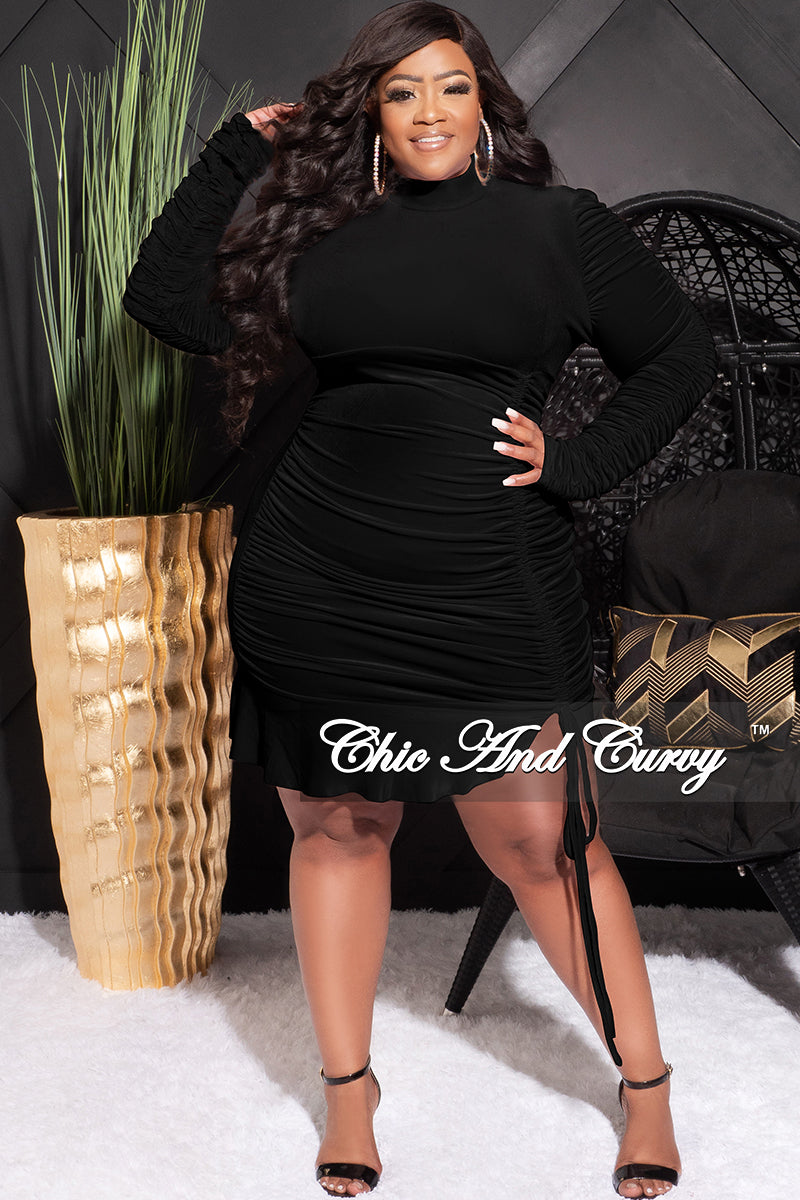 Final Sale Plus Size Long Sleeve Velvet Ruched Bodycon Dress with Bottom Ruffle in Black