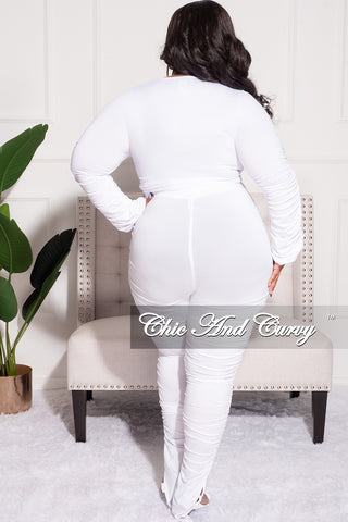 Final Sale Plus Size Ruched 2pc Faux Wrap Tie Top and Pants in White