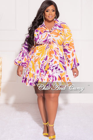 Final Sale Collar Button Up Babydoll Dress in Yellow & Purple Multi Color Print