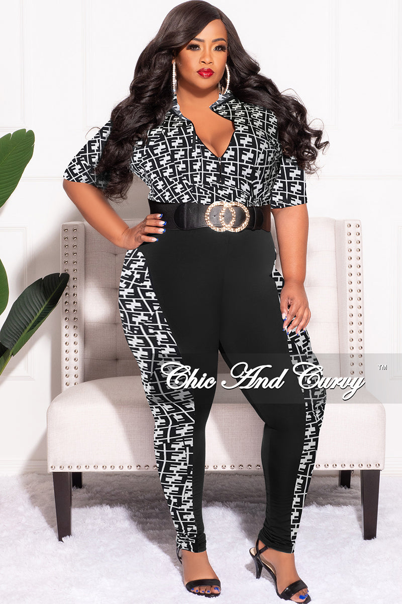 Final Sale Plus Size 2pc Short Sleeve Zip-Up Top and Pants Set in Ivory and Black Maze Print
