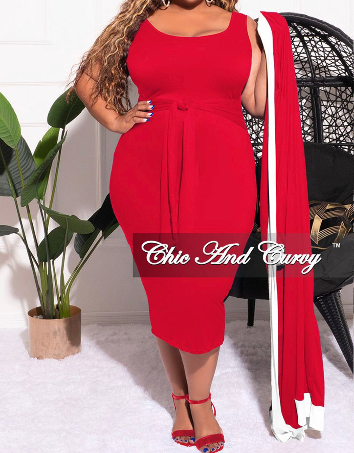 Final Sale Plus Size 2pc Set Duster & Tank Tie Dress in Red & White