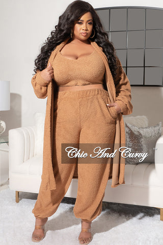 Final Sale Plus Size 3pc Fleece Cardigan, Crop Tank Top and Pants Set in Camel