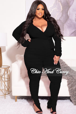 Final Sale Plus Size Ruched 2pc Faux Wrap Tie Top and Pants in Black