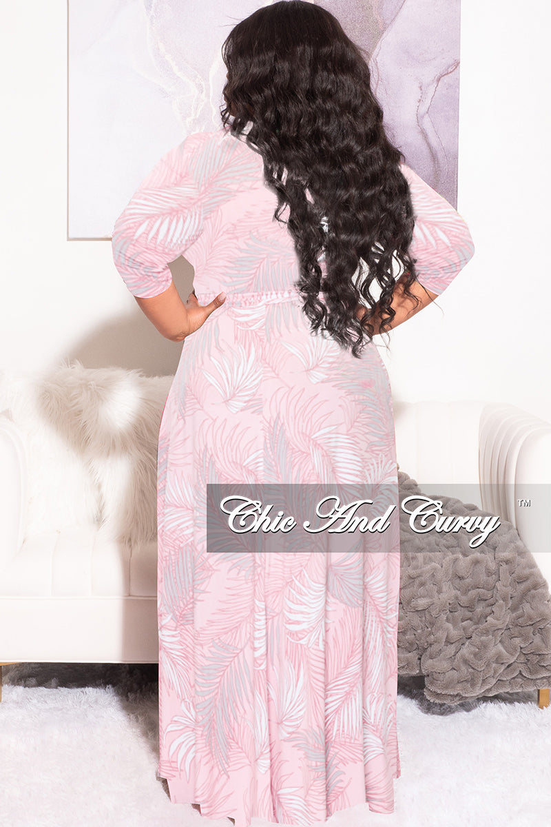 Final Sale Plus Size Faux Wrap Dress in Pink Palm Print