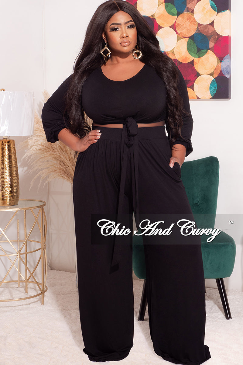 Final Sale Plus Size 2pc Long Sleeve Tie Top and Pants Set in Black