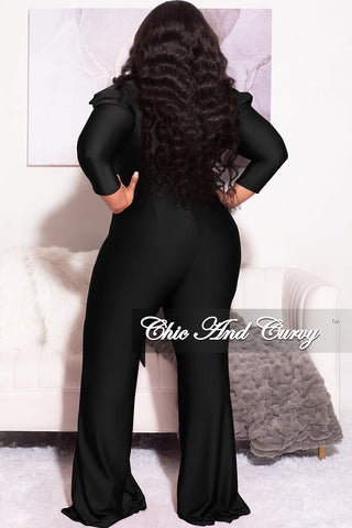 Final Plus Size Faux Wrap 3/4 Sleeve Shiny Jumpsuit in Black