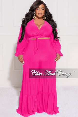 Final Sale Plus Size 2pc Long Sleeve Crop Tie Top and 3-Layer Pants Set in Fuchsia