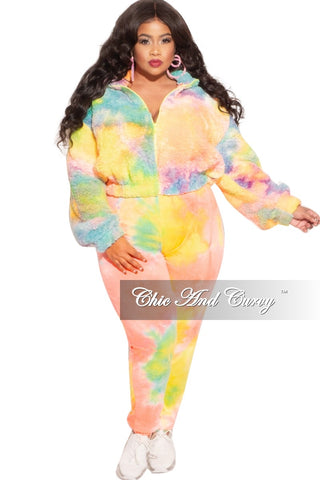 Final Sale Plus Size 2-Piece Set Fleece Jacket & Legging in Pastel Rainbow