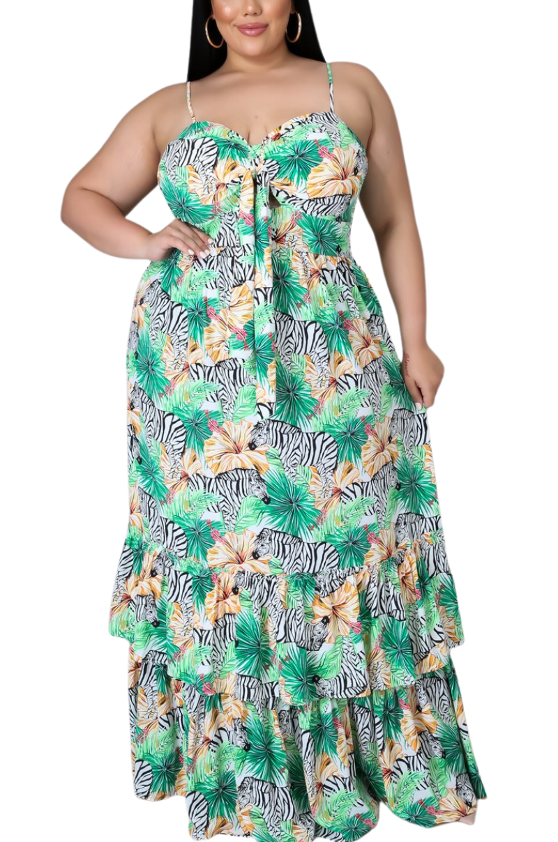Final Sale Plus Size Tank Maxi Dress in Chiffon in Green with Zebra Print Summer