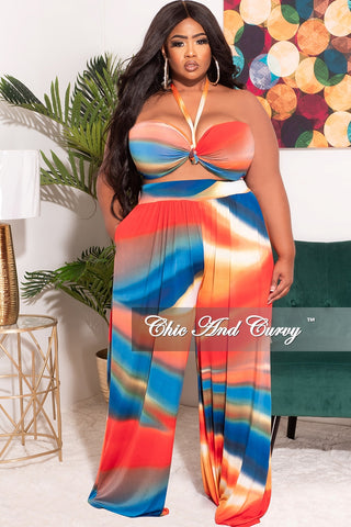 Final Sale Plus Size 2pc Halter Crop Top & Palazzo Pant Set in Red Royal Blue and Orange Multi Color Print Summer