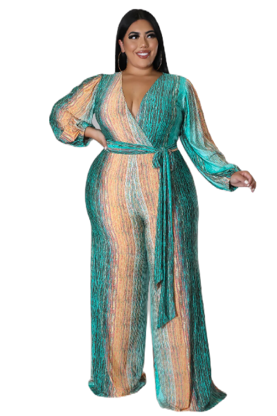 Final Sale Plus Size Deep V Jumpsuit with Tie in Teal and Peach