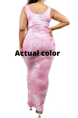 Final Sale Plus Size Bodycon Maxi Dress in Pink & White Tie Dye