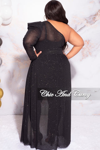 Final Sale Plus Size One Shoulder Mesh Top with Train in Black Glitter Fabric