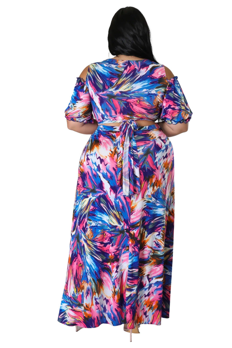 Final Sale Plus Size 2pc Crop Tie Top and Maxi Skirt Set in Fuchsia Multi-Color Print
