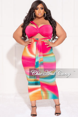 Final Sale Plus Size 2pc One Shoulder Twist Front Bra Top and Skirt in Fuchsia Multi Color Tie Dye Print