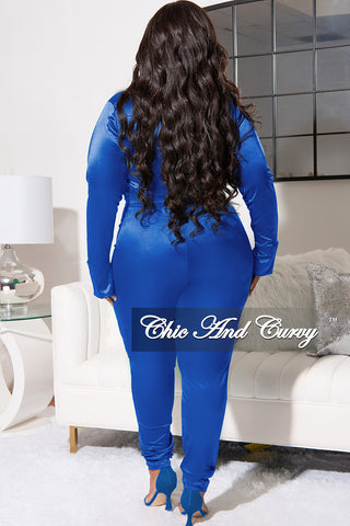 Final Sale Plus Size 2-Piece Satin Collared Faux Wrap Bodysuit and Pants Set in Royal Blue