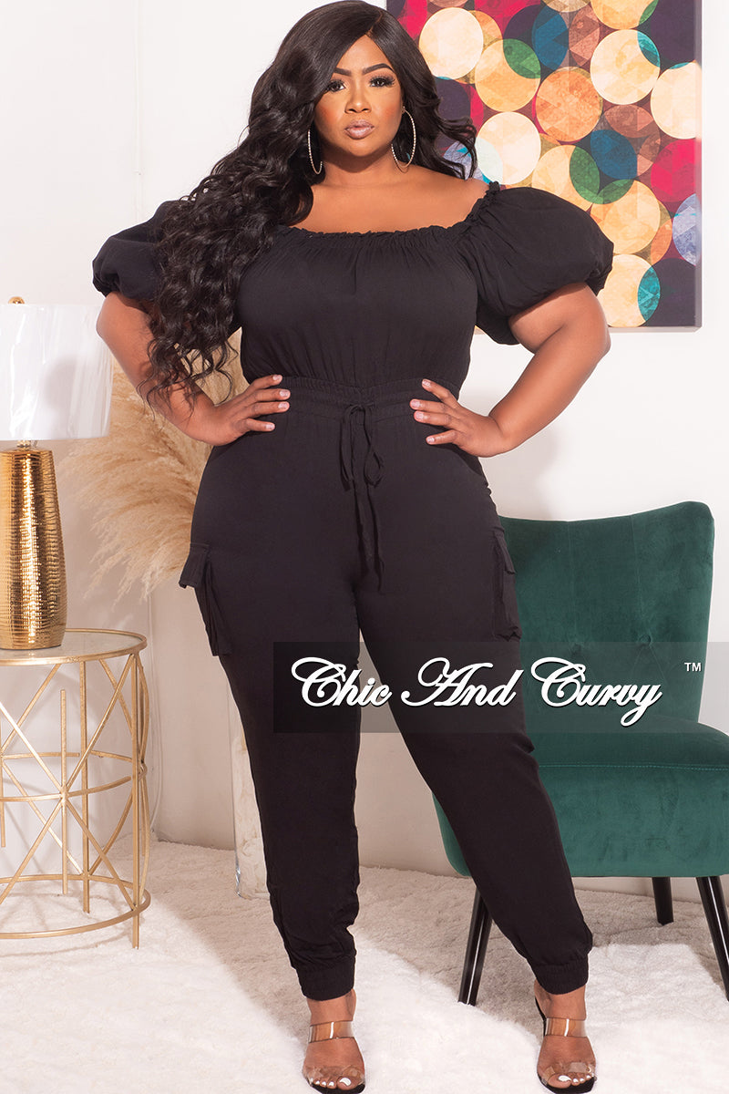 Final Sale Plus Size Off the Shoulder Puffy Sleeve Jumpsuit in Black