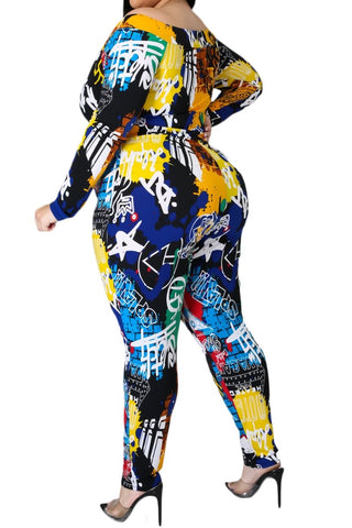 Final Sale Plus Size Off the Shoulder Jumpsuit in Black Multi-Color Graffiti Print