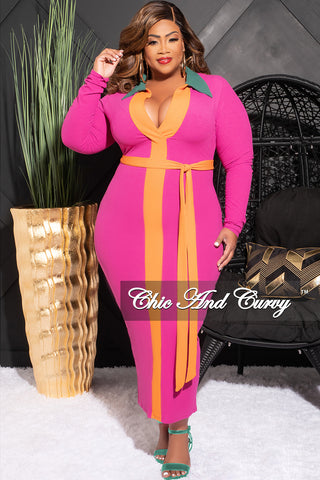Final Sale Plus Size Collar V Neck Ribbed Midi Dress with Tie in Magenta, Orange and Green