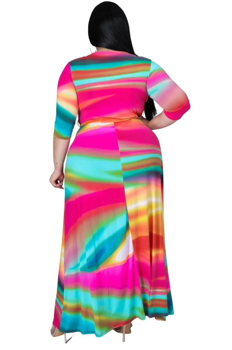 Final Sale Plus Size Faux Wrap Dress in Fuchsia Abstract Print