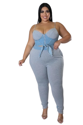 Final Sale Plus Size 2pc Spaghetti Strap Top and Pants in Blue & Grey Faux Denim & Jersey Fabric