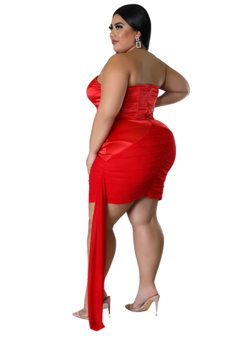 Final Sale Plus Size Satin Strapless Mini Dress with Side Train in Red
