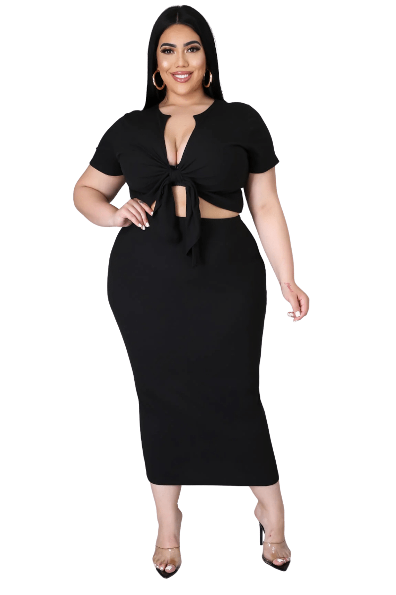 Final Sale Plus Size 2pc Set Tie Cropped & Skirt in Black