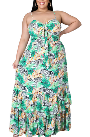 Final Sale Plus Size Tank Maxi Dress in Chiffon in Green with Zebra Print Summer