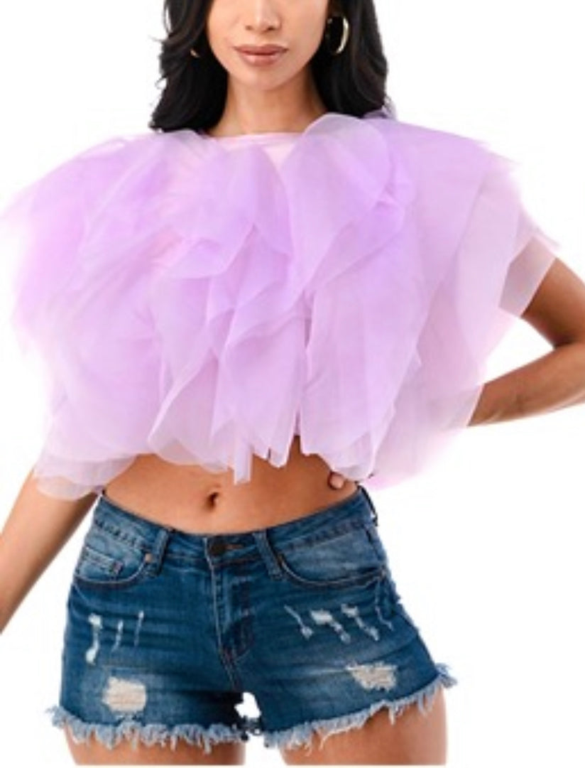 Final Sale Plus Size Sleeveless Ruffle Tulle Crop Top Blouse in Lavender