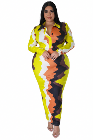 Final Sale Plus Size Multi-Color Print Collar Neck Long Sleeve Dress