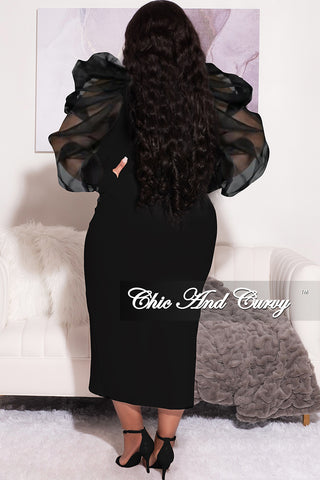 Final Sale Plus Size Sheer Organza Puffy Sleeve Bodycon Dress in Black