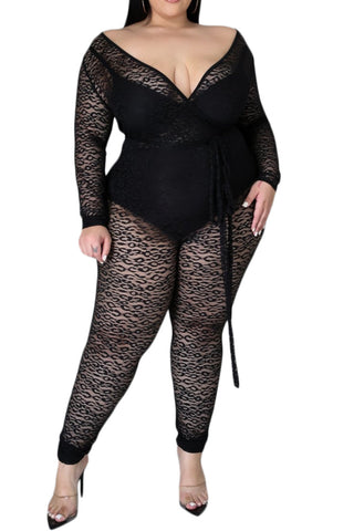 Final Sale Plus Size Long Sleeve Faux Wrap Jumpsuit with Attached Tie in Black Lace